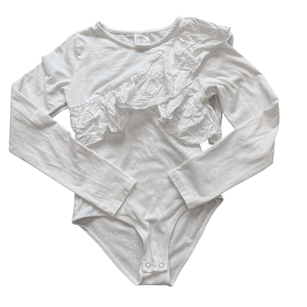 Zara Ruffle Bodysuit girls Size 10 White Long Sleeve Snap Closure